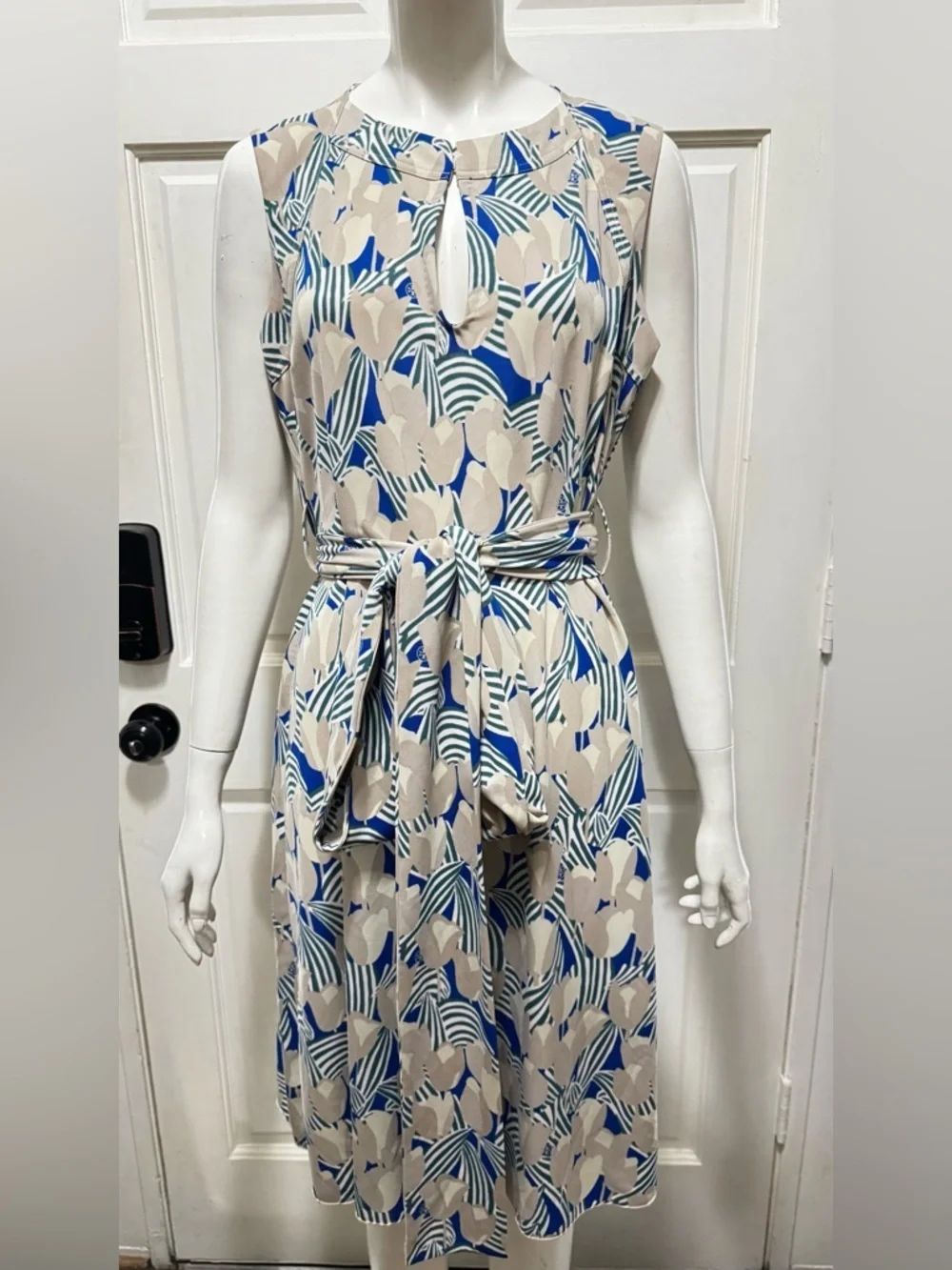 Tory Burch Blue & Beige Tulip Floral Maxi Dress with Self-Tie Waist Size Large